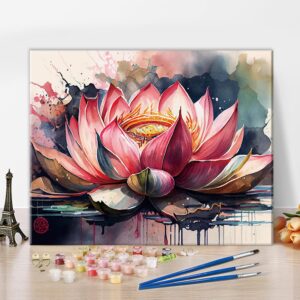 TUMOVO Pink Lotus Paint by Numbers, Retro Flower Paint by Numbers, Colorful Abstract Lotus Oil Painting Kit, DIY Acrylic Painting for Adults with Brushes and Pigment, Frameless, 16x20 Inch