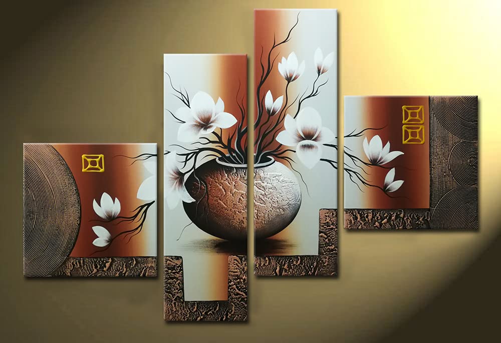 Wieco Art -Stretched and Framed 100% Hand-painted Modern Canvas Wall Art Stretched and Framed Elegant Flowers for Home Decoration Floral Oil Paintings on Canvas 4pcs/set