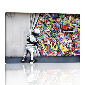 yatsen bridge classic street art banksy graffiti wall art behind the curtain posters canvas paintings colorful graffiti pictures prints framed for living room home decor(36''w x 24''h)