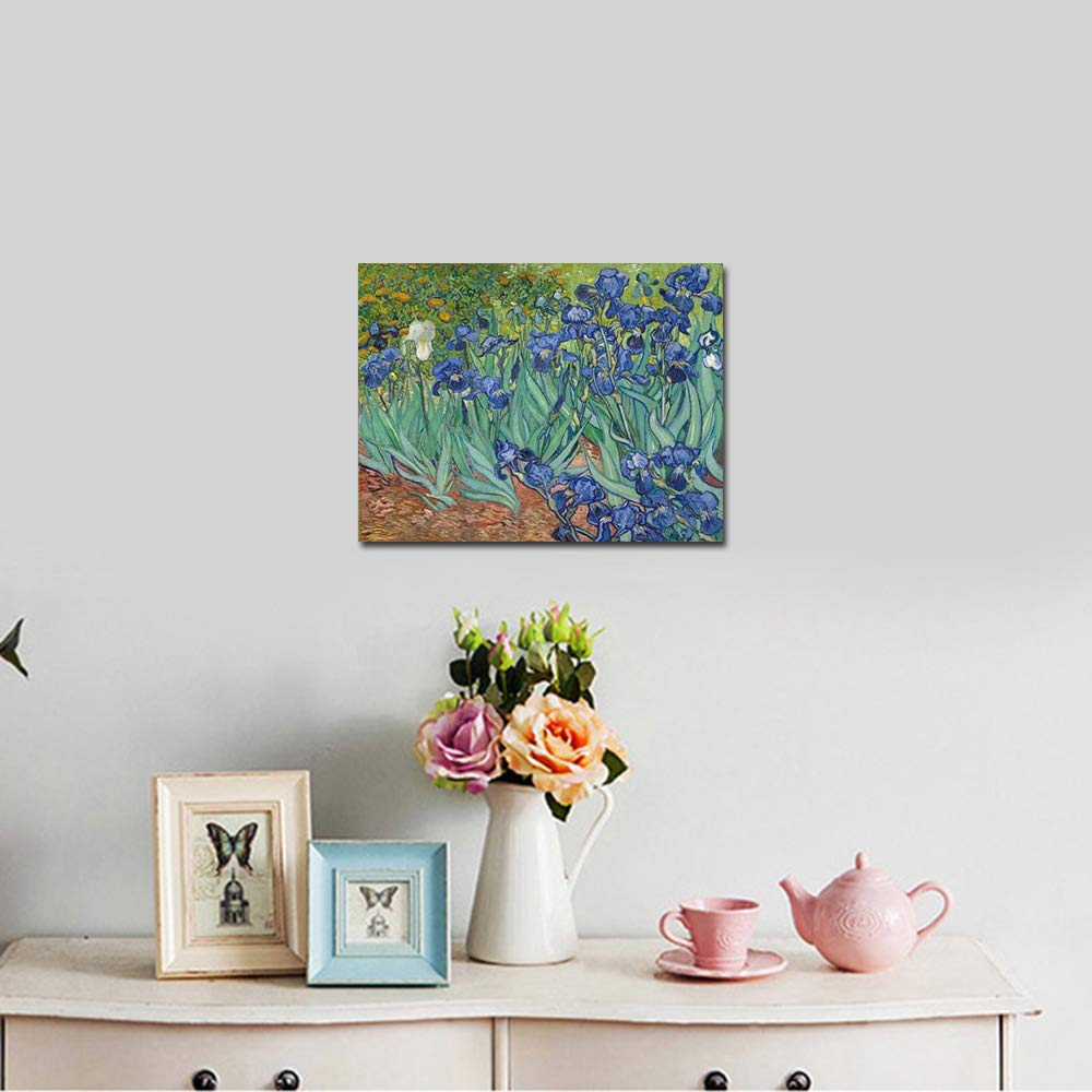 Wieco Art Irises Modern Stretched and Framed Floral Giclee Canvas Print By Van Gogh Famous Flowers Oil Paintings Reproduction Artwork Pictures on Canvas Wall Art for Bedroom Home Decorations