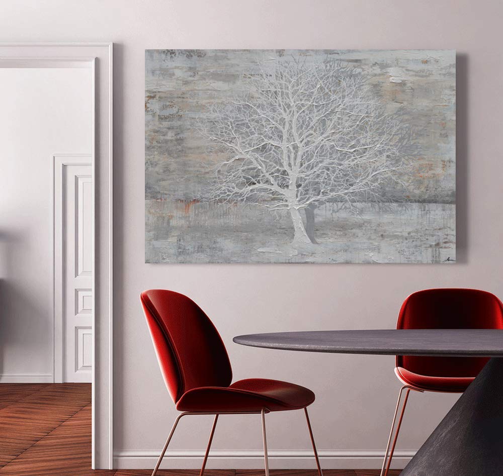 Yihui Arts Tree Of Life Canvas Wall Art Hand Painted Grey White Beige Paintings Modern Abstract Forest Pictures Artwork for Living Room Bedroom Office Decoration