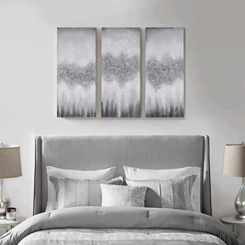 Madison Park Wall Art Living Room Décor - Embellished Hand Painted Canvas, Home Accent Glitter Abstract Bathroom Decoration Ready to Hang Painting for Bedroom, 15" W x 35" H x 1.5" D, Grey 3 Piece