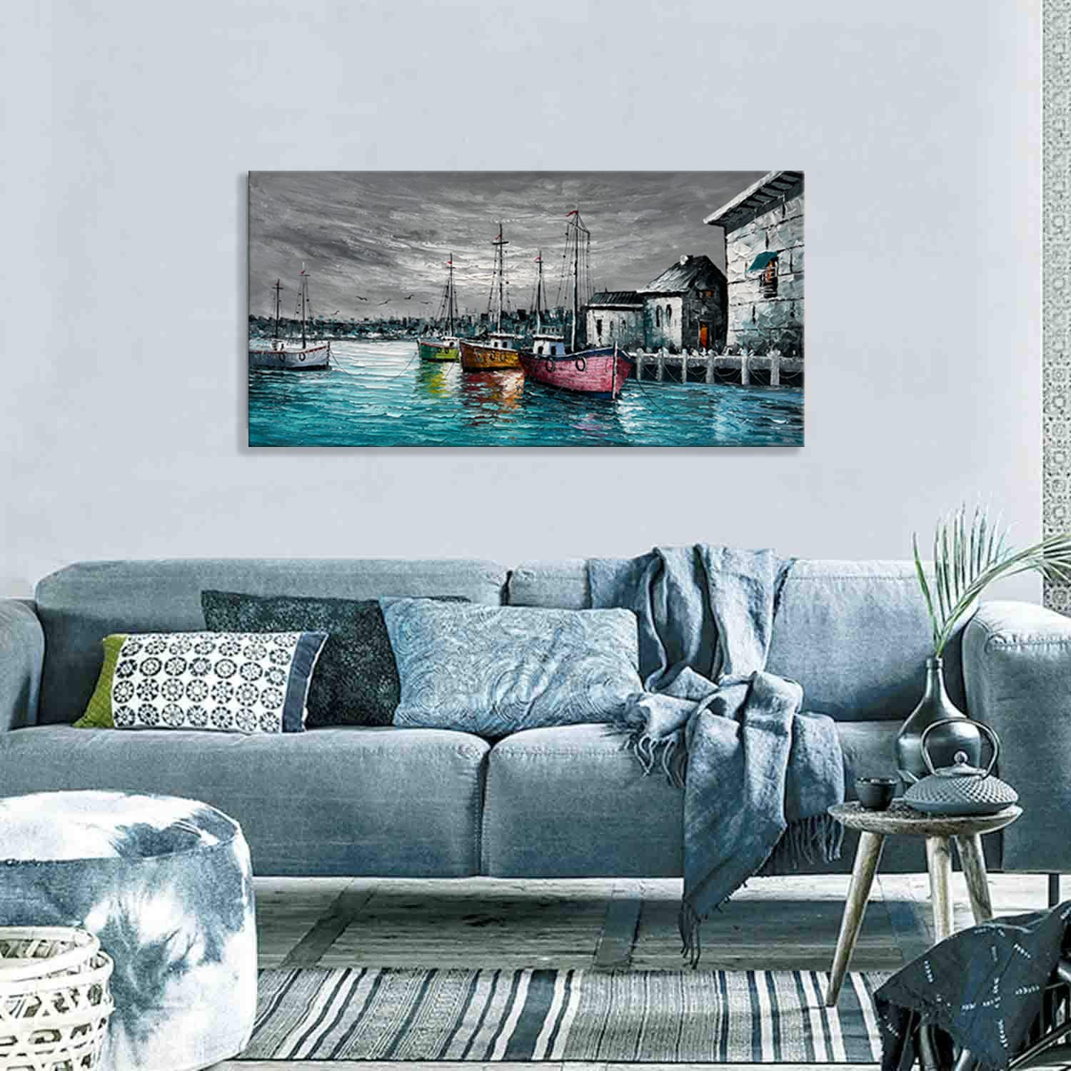 zoinart Hand Painted Large Canvas Wall Art 48x24 Inches Abstract Wall Paintings Contemporary Texture Wall Art Wharf Landscape Artwork Living Room Bedroom Wall Decor Ready to Hang