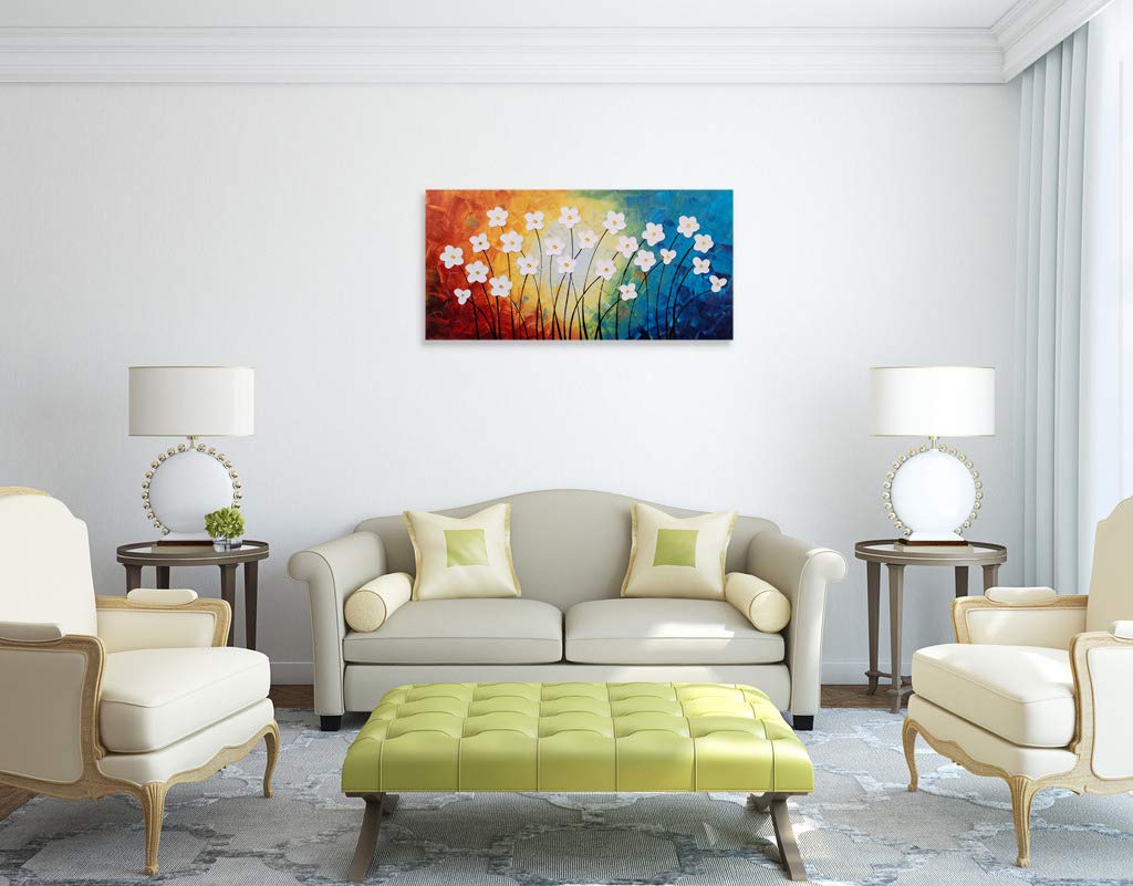 Yihui Arts Flower Pictures Wall Decor Hand Painted 3D Light Blue Yellow Red and White Canvas Oil Paintings Modern Big Horizontal Artwork for Living Room Bedroom Nursery Decoration