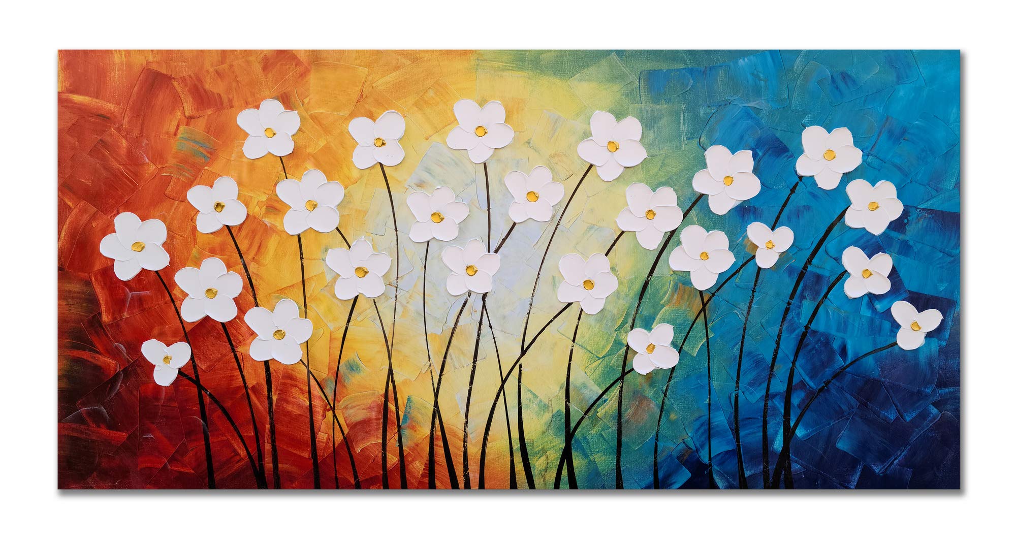 Yihui Arts Flower Pictures Wall Decor Hand Painted 3D Light Blue Yellow Red and White Canvas Oil Paintings Modern Big Horizontal Artwork for Living Room Bedroom Nursery Decoration