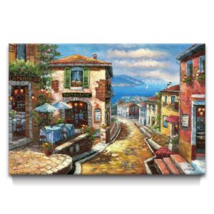 utop-art coastal cityscape oil painting artwork: italian town canvas wall art mediterranean style street painting for living room (45” x 30”)