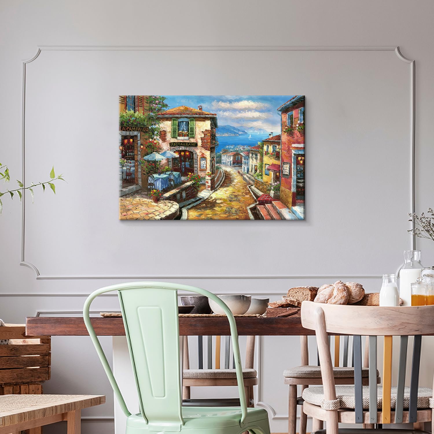 UTOP-art Coastal Cityscape Oil Painting Artwork: Italian Town Canvas Wall Art Mediterranean Style Street Painting for Living Room (45” x 30”)