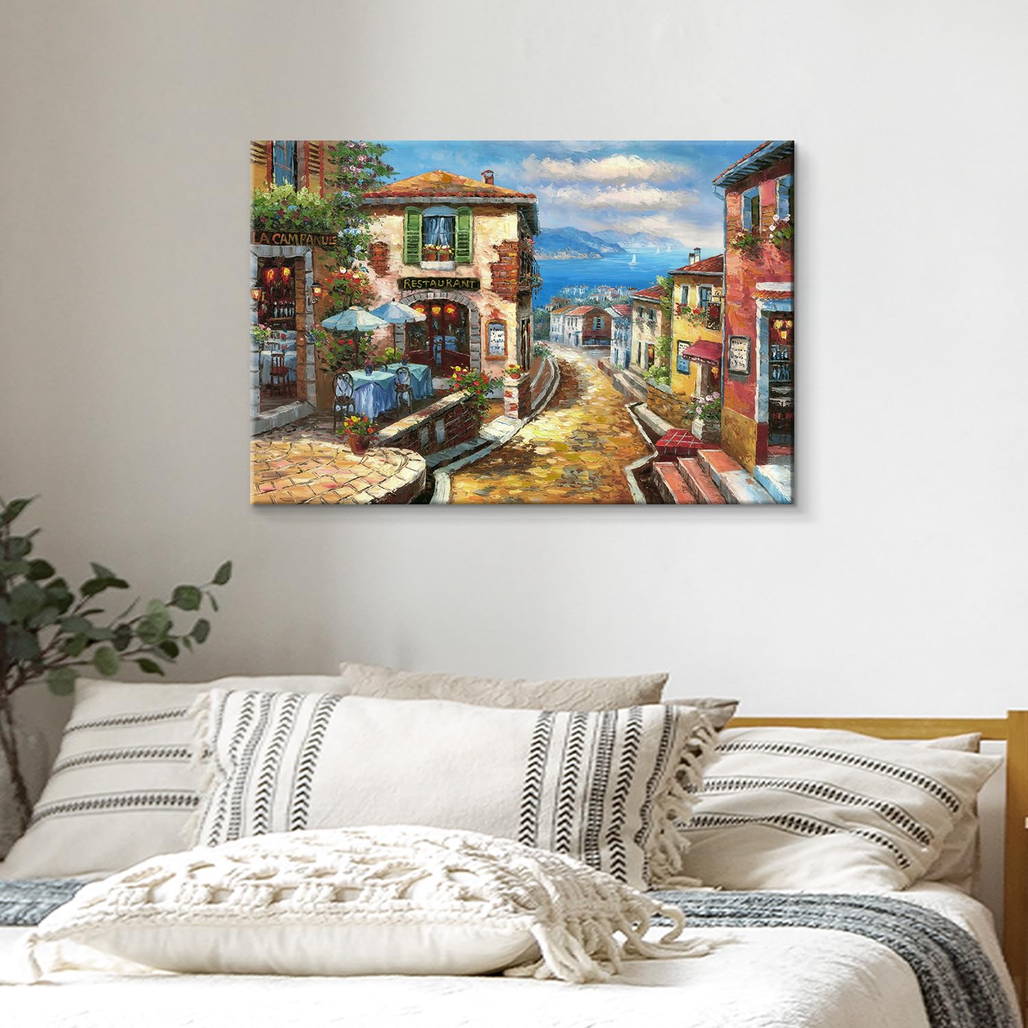 UTOP-art Coastal Cityscape Oil Painting Artwork: Italian Town Canvas Wall Art Mediterranean Style Street Painting for Living Room (45” x 30”)