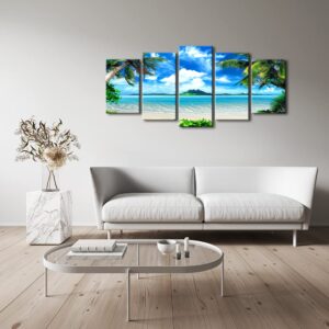 Pyradecor Modern 5 Panels Blue Sea Beach Pictures Paintings on Canvas Wall Art Stretched Contemporary Landscape Ocean Canvas Prints Artwork for Bedroom Home Decorations