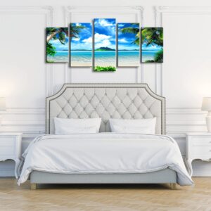 Pyradecor Modern 5 Panels Blue Sea Beach Pictures Paintings on Canvas Wall Art Stretched Contemporary Landscape Ocean Canvas Prints Artwork for Bedroom Home Decorations