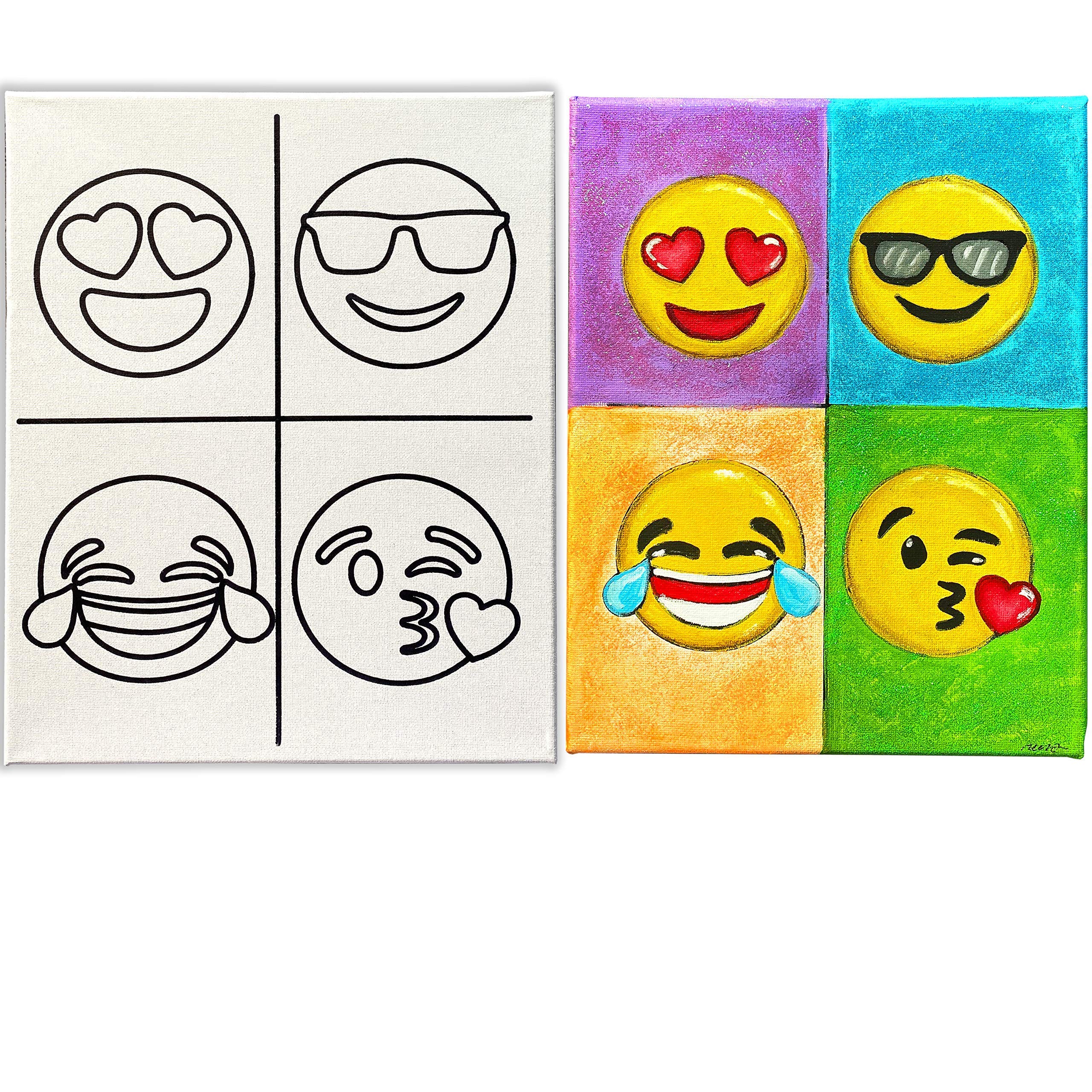 Indigo Art Studio Pre Drawn Canvas Painting for Kids | Stretched & Stenciled | Art Activity Summer Camps | Emoji Smiley Coloring | DIY Birthday Gift & Paint Party Favor (8x10 Inches)