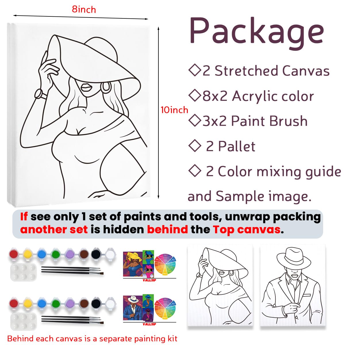 VALLSIP 2 Pack Paint and Sip Canvas Painting Kit Pre Drawn Canvas for Painting for Adults Stretched Canvas Couples Games Date Night Gentleman and Lady Paint Party Anniversary Valentines Day