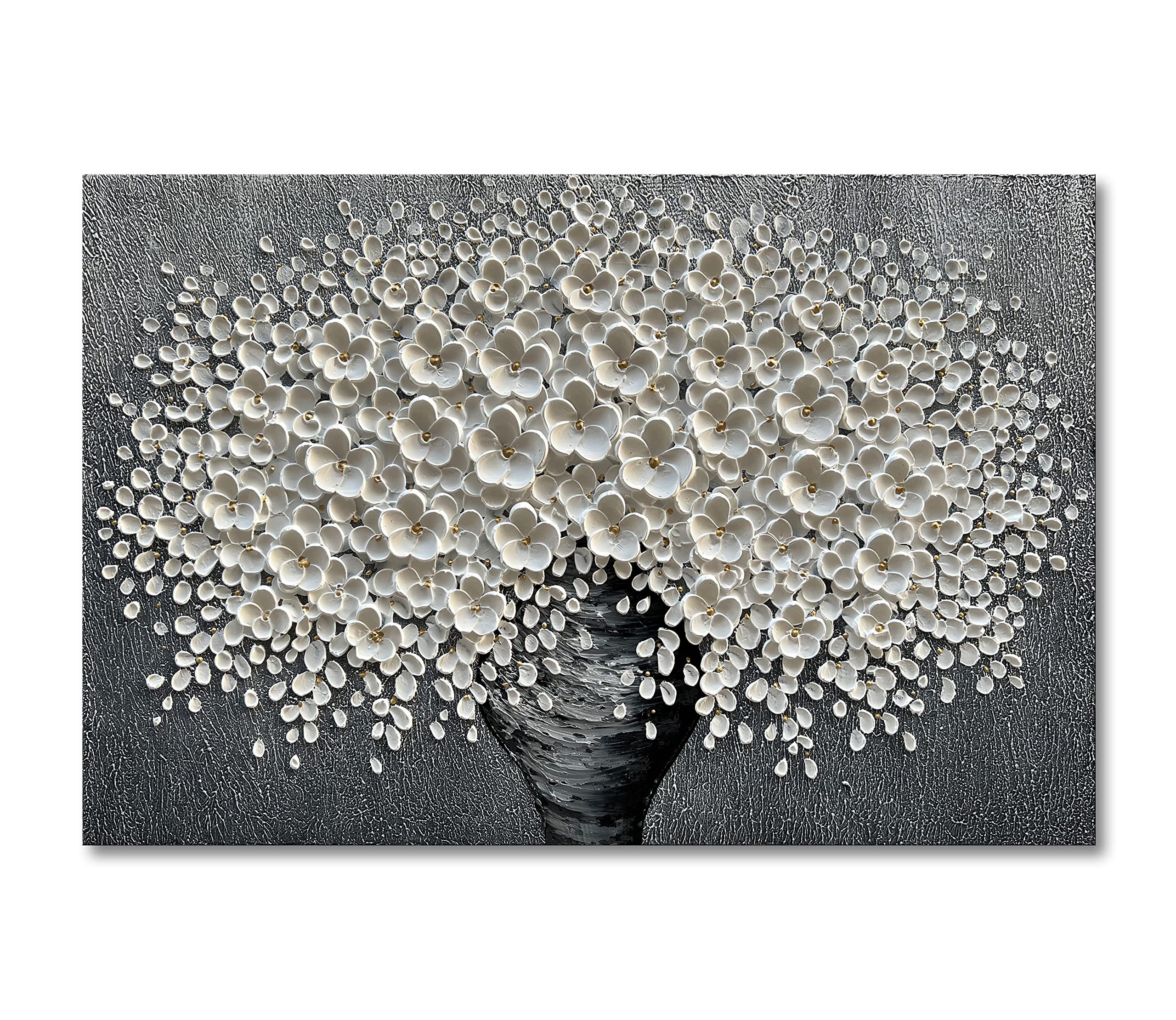 Epicler 30x45 inch hand-painted oil painting, white bouquet oil painting, canvas wall decoration painting.