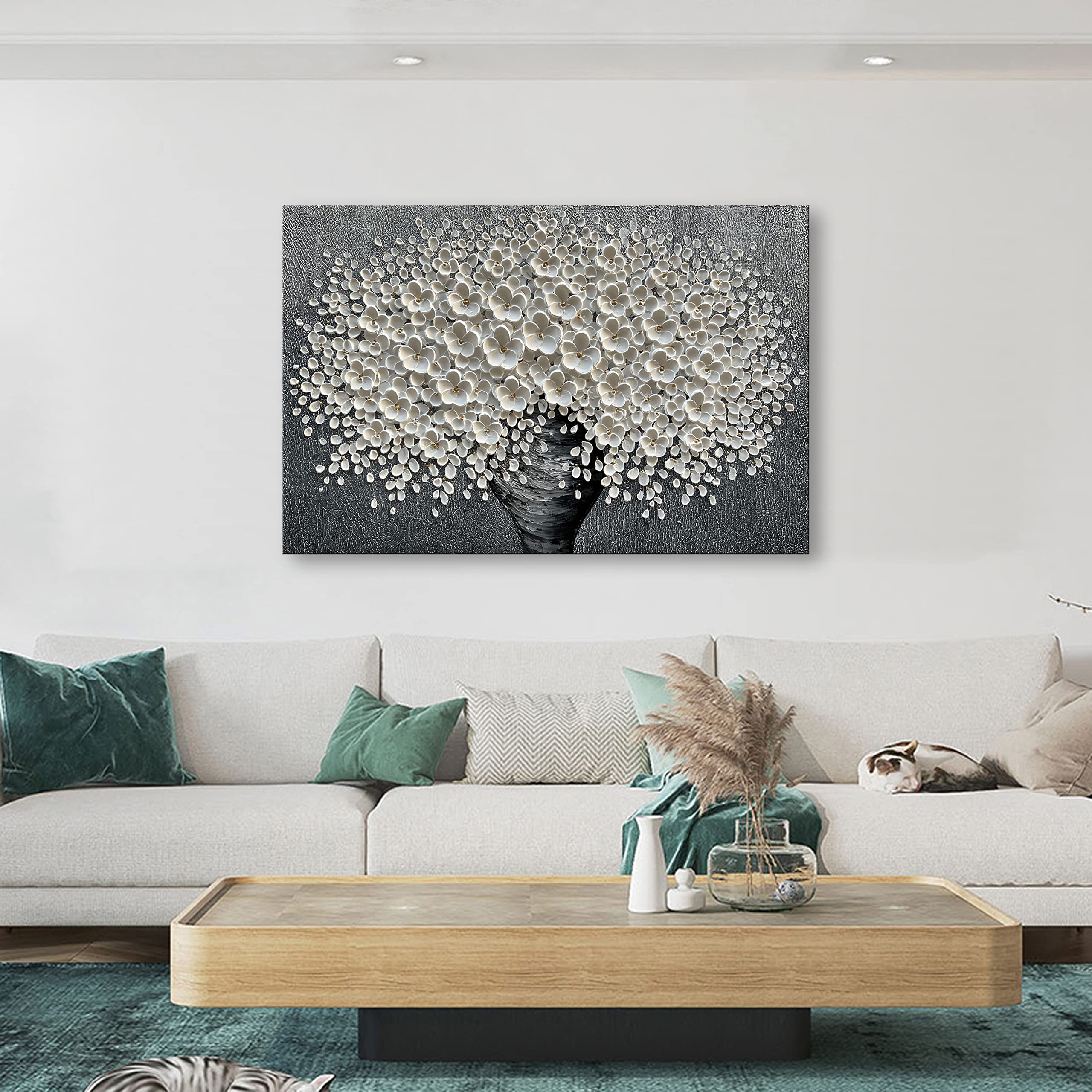 Epicler 30x45 inch hand-painted oil painting, white bouquet oil painting, canvas wall decoration painting.