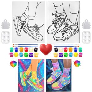 2 pack canvas painting kit bundle | pre drawn stretched canvas kit | adult sip and paint party favor | party date night (jordan sneakers air retro & love couples, sneakers#1 & #2 (8x10 inches)