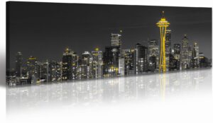 seattle wall art canvas - 14"x48" washington dc wall art decor architecture posters black and white seattle skyline city decorations for bedroom modern framed city landscape office,living room