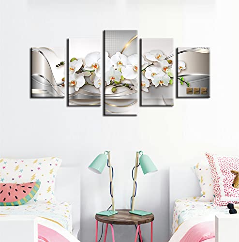 5 Panel Butterfly Orchid Flowers Canvas Print Wall Art Painting Decor for Home Decoration Picture for Bedroom Framed Ready to Hang White Floral Artwork