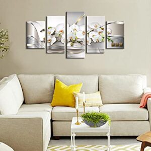 5 Panel Butterfly Orchid Flowers Canvas Print Wall Art Painting Decor for Home Decoration Picture for Bedroom Framed Ready to Hang White Floral Artwork