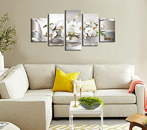 5 Panel Butterfly Orchid Flowers Canvas Print Wall Art Painting Decor for Home Decoration Picture for Bedroom Framed Ready to Hang White Floral Artwork