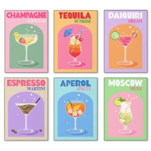 XINTANG Retro Cocktail Poster Canvas Wall Art Funny Alcoho Wine Glass Print Paintings Cute Preppy Posters Aesthetic Room Wall Decor Pictures for Bar Party Dorm Kitchen Set of 6 8x10in Unframed