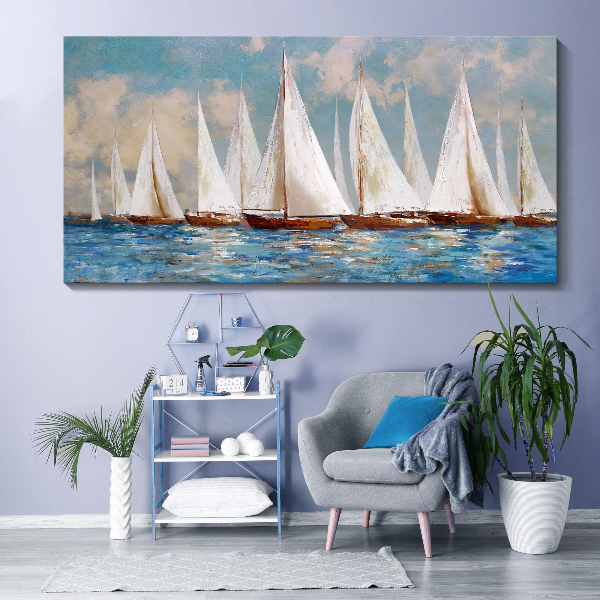 KLAKLA Large Canvas Living Room Wall Art - Partially Hand Painted - Contemporary Art Oil Painting Style & 60x30 inch Blue and White Tone Bedroom Wall Decor