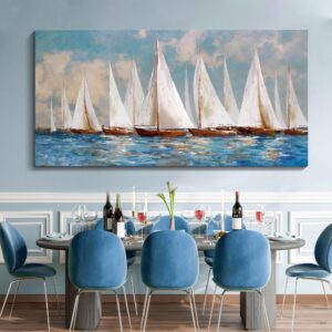 KLAKLA Large Canvas Living Room Wall Art - Partially Hand Painted - Contemporary Art Oil Painting Style & 60x30 inch Blue and White Tone Bedroom Wall Decor