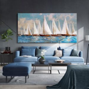 KLAKLA Large Canvas Living Room Wall Art - Partially Hand Painted - Contemporary Art Oil Painting Style & 60x30 inch Blue and White Tone Bedroom Wall Decor