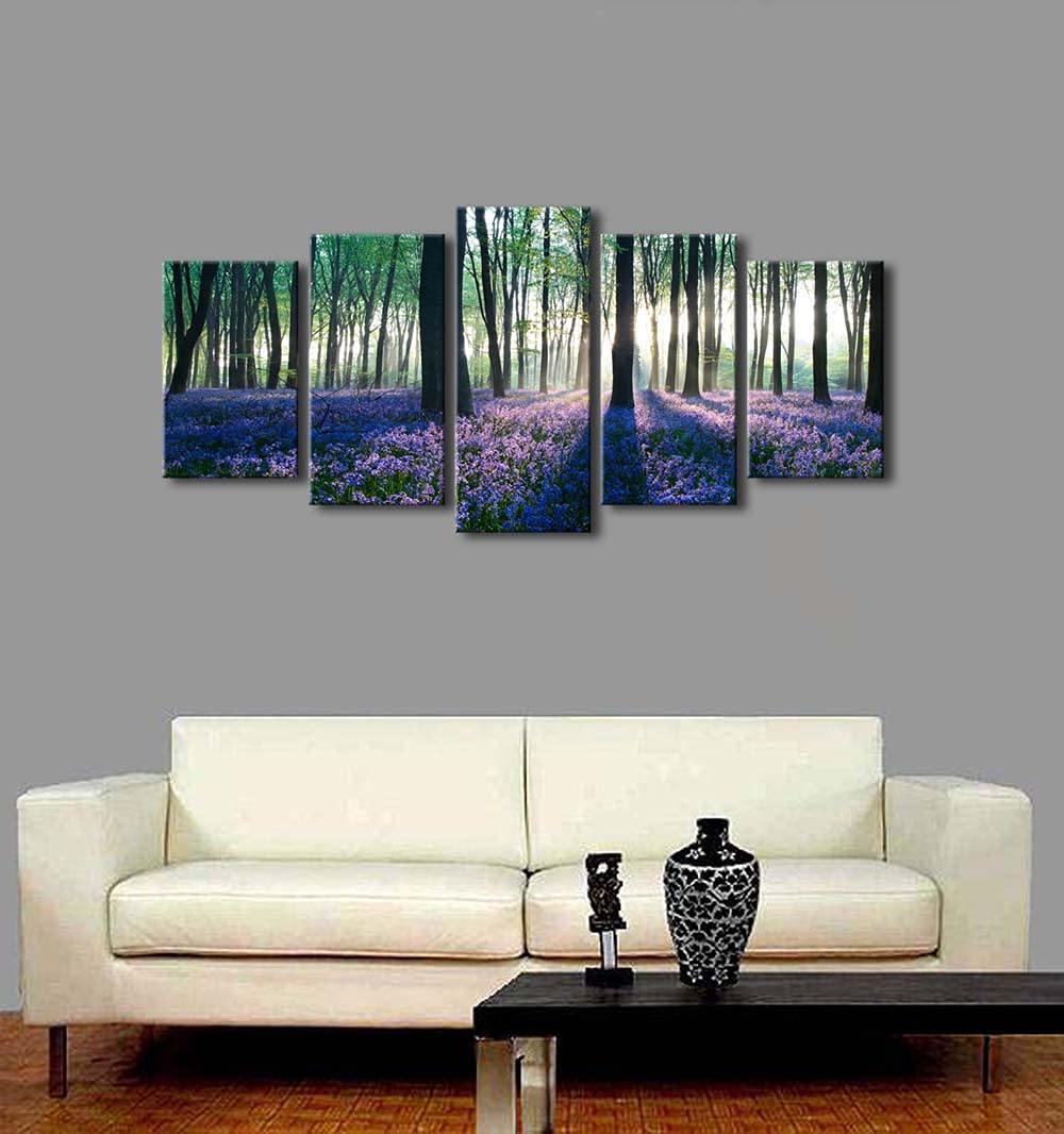 Pyradecor Early Morning Lavender Canvas Prints Wall Art Purple Floral Pictures Paintings for Bedroom Kitchen Bathroom Home Decor Modern 5 panels Stretched and Framed Flowers Landscape Giclee Artwork