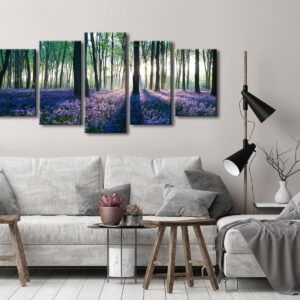 Pyradecor Early Morning Lavender Canvas Prints Wall Art Purple Floral Pictures Paintings for Bedroom Kitchen Bathroom Home Decor Modern 5 panels Stretched and Framed Flowers Landscape Giclee Artwork