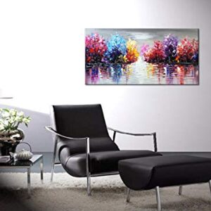 Hand Painted Lake Landscape Canvas Wall Art with Colorful Tree Thick Texture Oil Painting Abstract Artwork (48 x 24 inch)