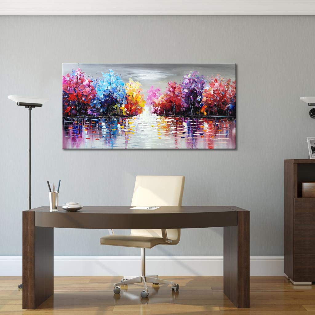 Hand Painted Lake Landscape Canvas Wall Art with Colorful Tree Thick Texture Oil Painting Abstract Artwork (48 x 24 inch)