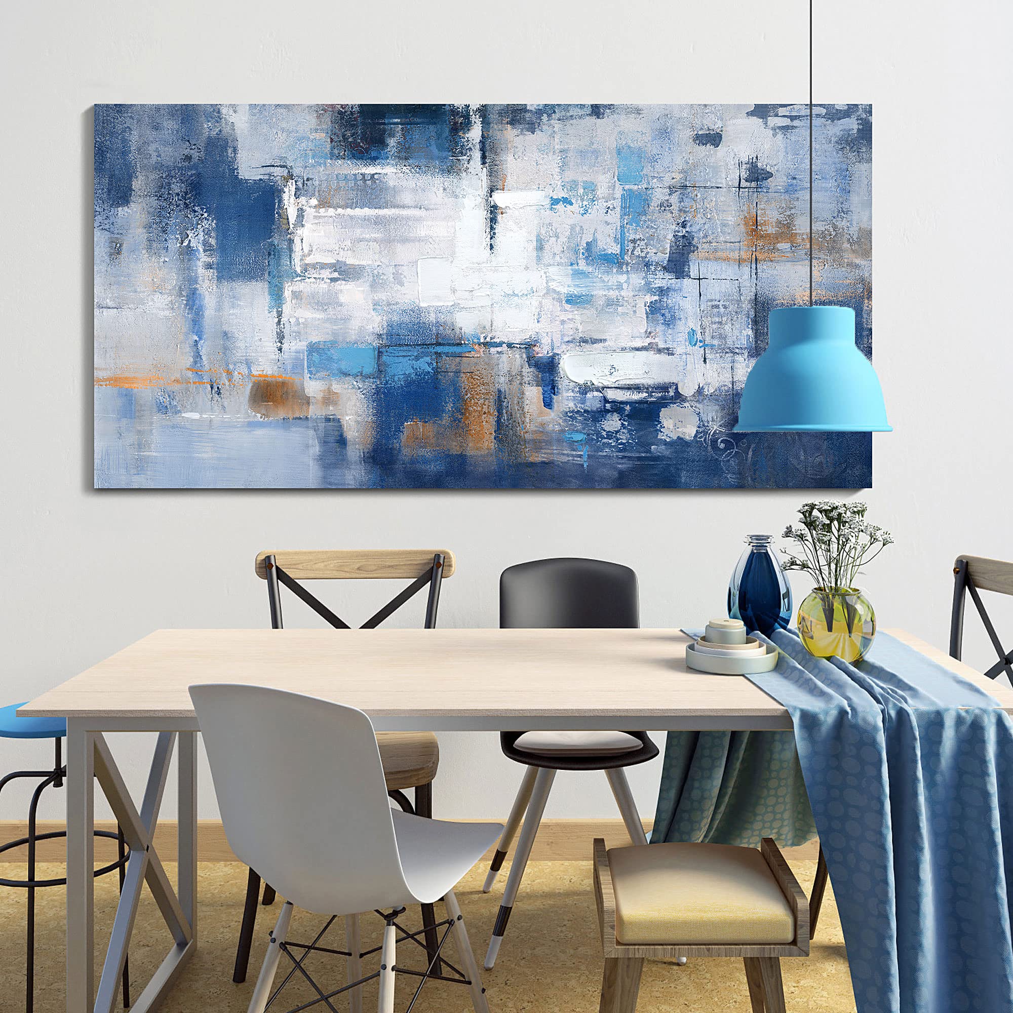 KLAKLA Navy Blue Wall Art - Modern Abstract Canvas Blue and White Picture Artwork for Living Room Wall Decor Bedroom Office Home Decoration