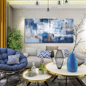 KLAKLA Navy Blue Wall Art - Modern Abstract Canvas Blue and White Picture Artwork for Living Room Wall Decor Bedroom Office Home Decoration