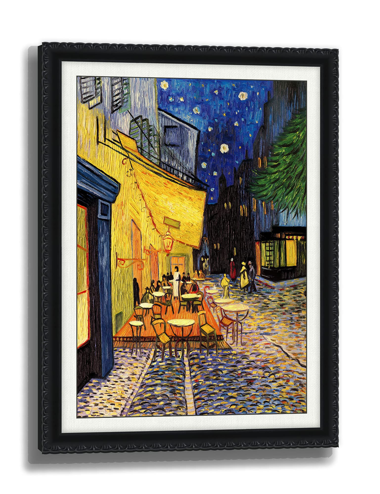 3D Print simulation hand painted texture on canvas painting Van Gogh Famous Classic Wall Art Café Terrace at Night Starry Night Blue Sky Hand Made Ornate Framed UNIQUE INNOVATION Patent pending