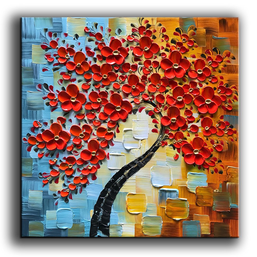 YaSheng Art -Modern Abstract Painting 3D Red Flowers Oil Painting On Canvas Tree Paintings Home Interior Decor Wall Art for living room Bedroom Ready to hang 24x24inch