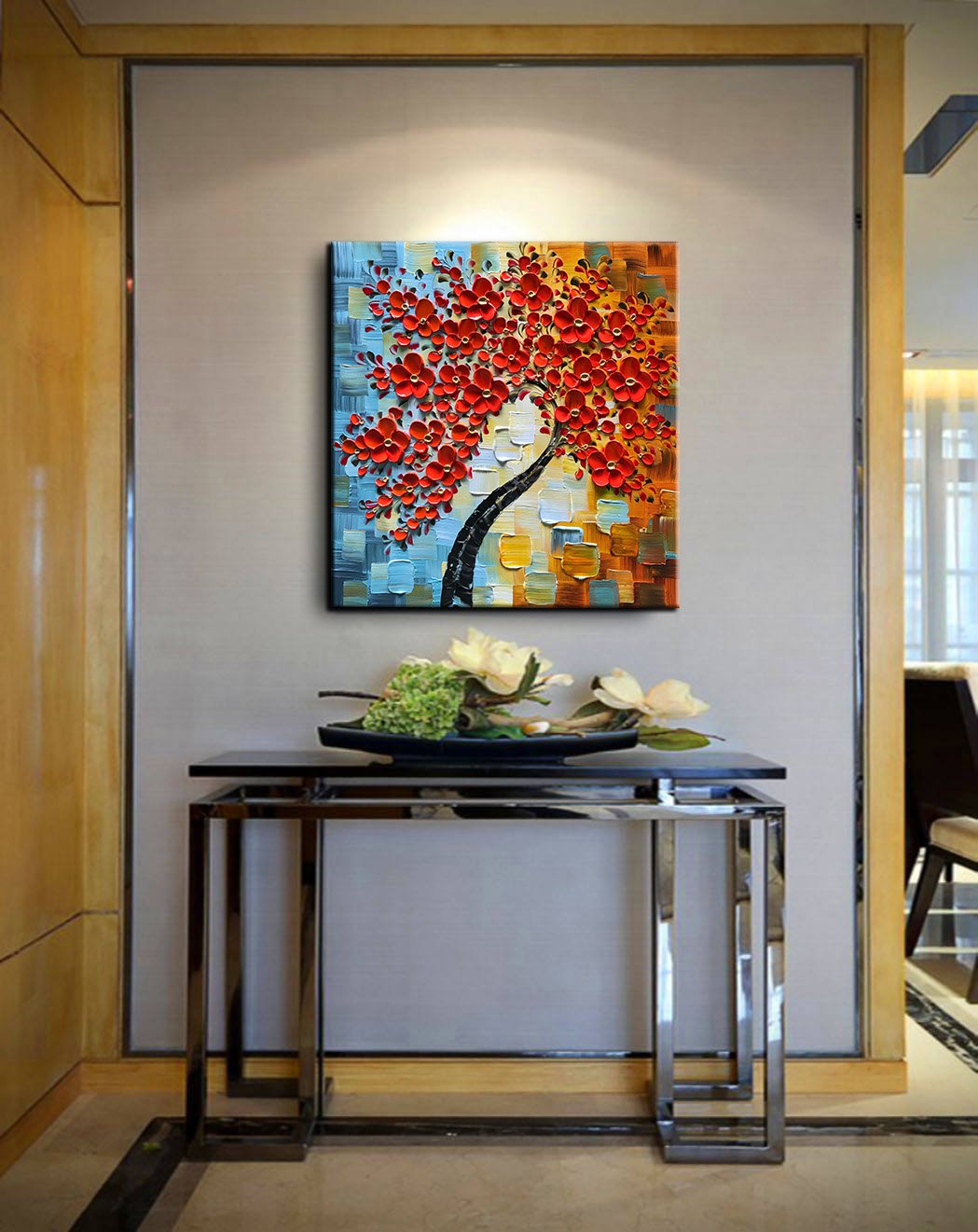 YaSheng Art -Modern Abstract Painting 3D Red Flowers Oil Painting On Canvas Tree Paintings Home Interior Decor Wall Art for living room Bedroom Ready to hang 24x24inch