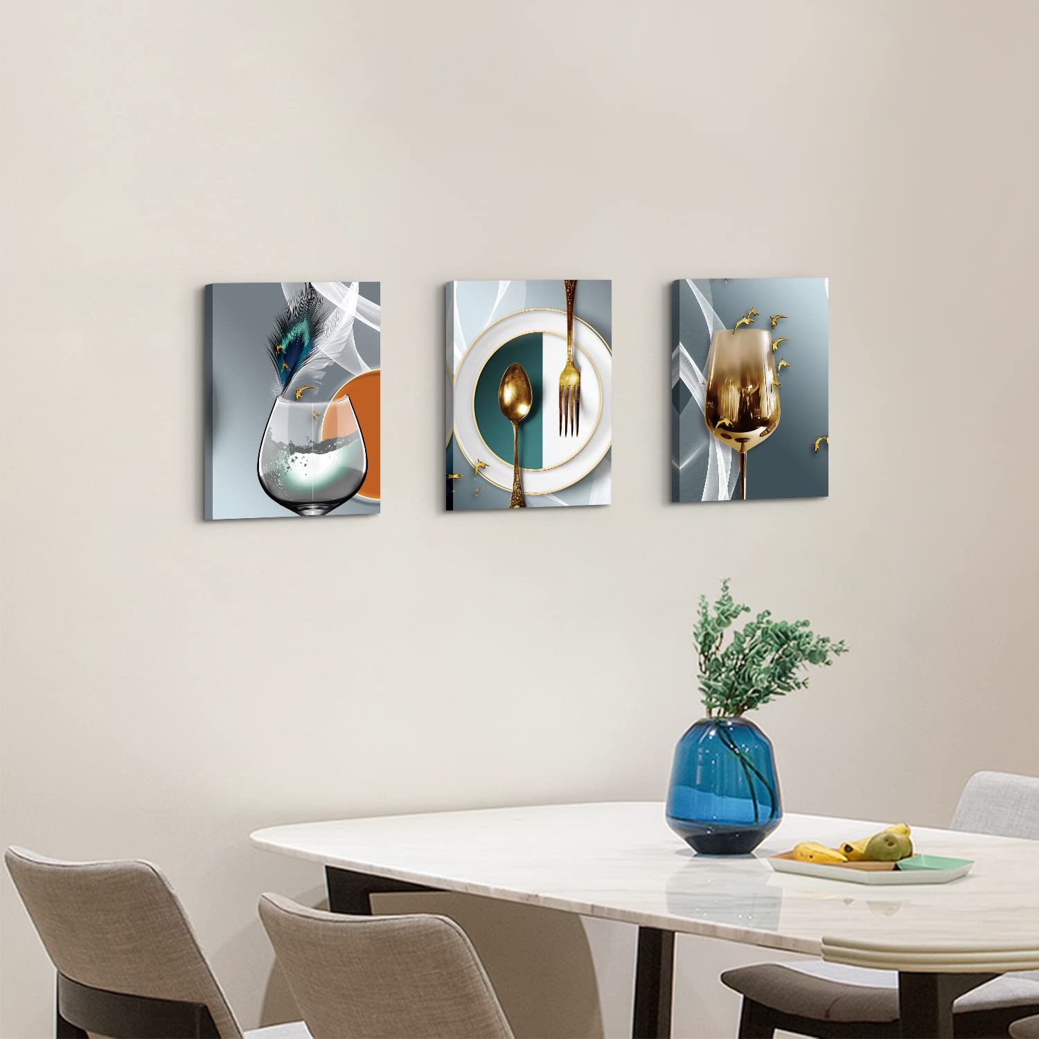 Canvas Wall Art for Dining Room Kitchen Wall Decor Teal Gold Wine Glass Pictures Abstract Wine Cups Paintings Geometric Kitchenware Posters Modern Home Decorations Family Bar Pub Artwork 12x16" 3 Pcs