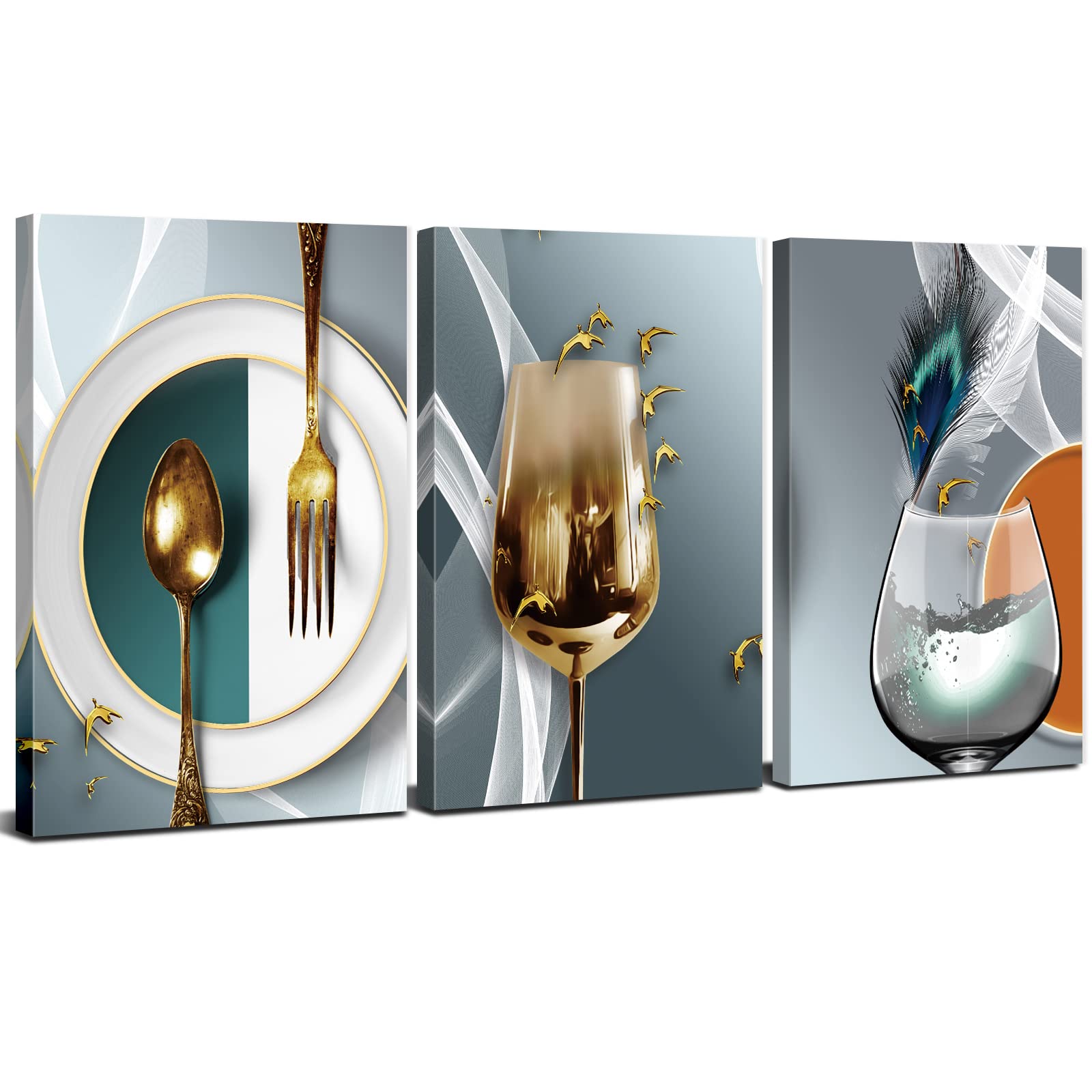 Canvas Wall Art for Dining Room Kitchen Wall Decor Teal Gold Wine Glass Pictures Abstract Wine Cups Paintings Geometric Kitchenware Posters Modern Home Decorations Family Bar Pub Artwork 12x16" 3 Pcs