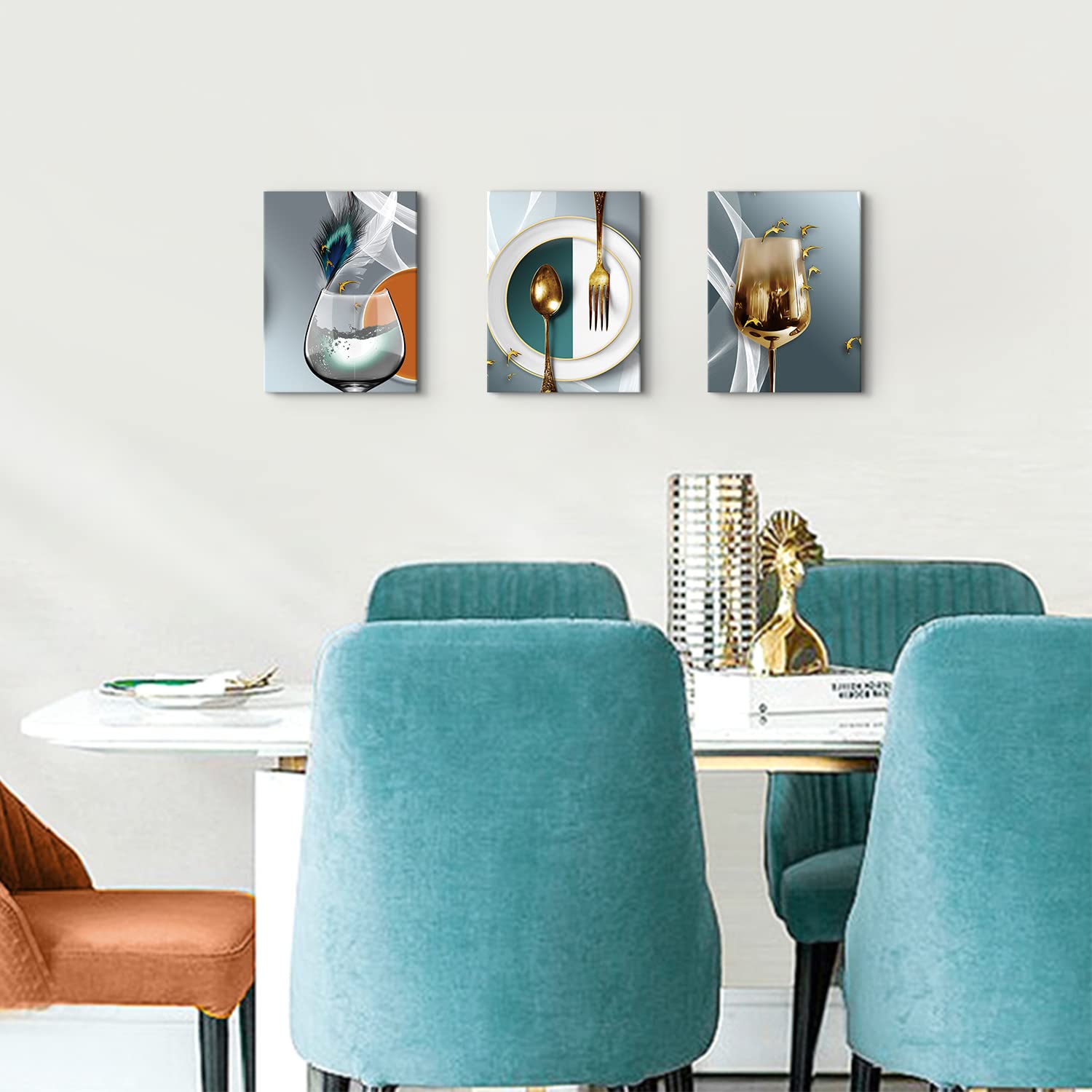 Canvas Wall Art for Dining Room Kitchen Wall Decor Teal Gold Wine Glass Pictures Abstract Wine Cups Paintings Geometric Kitchenware Posters Modern Home Decorations Family Bar Pub Artwork 12x16" 3 Pcs