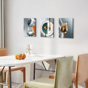 Canvas Wall Art for Dining Room Kitchen Wall Decor Teal Gold Wine Glass Pictures Abstract Wine Cups Paintings Geometric Kitchenware Posters Modern Home Decorations Family Bar Pub Artwork 12x16" 3 Pcs