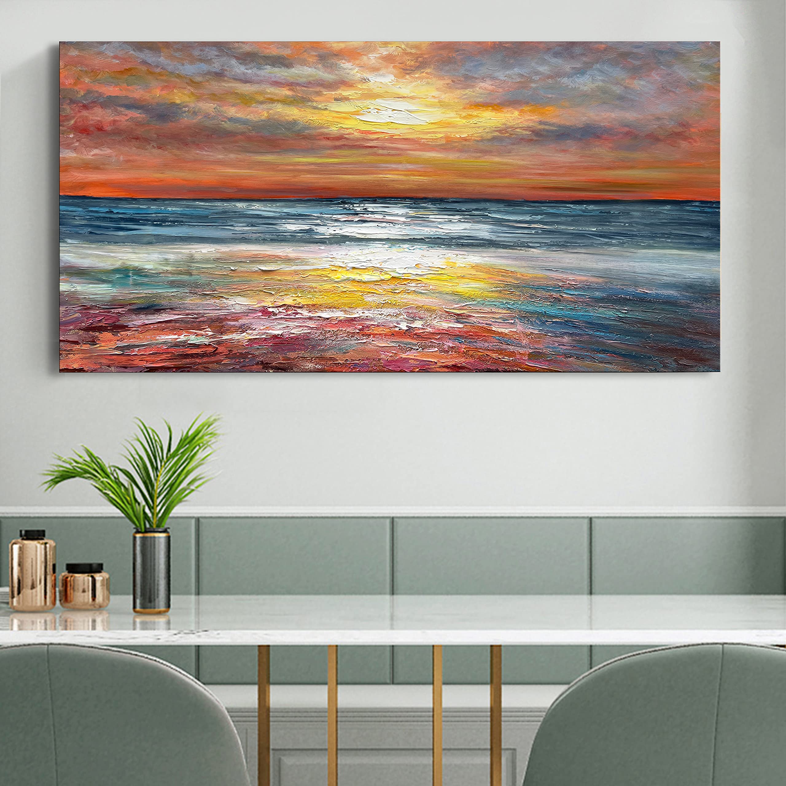 Limiyer Art Sea Sunrise Landscape Modern Abstract Oil painting Canvas Oil Painting wall art decoration 24x48 inch