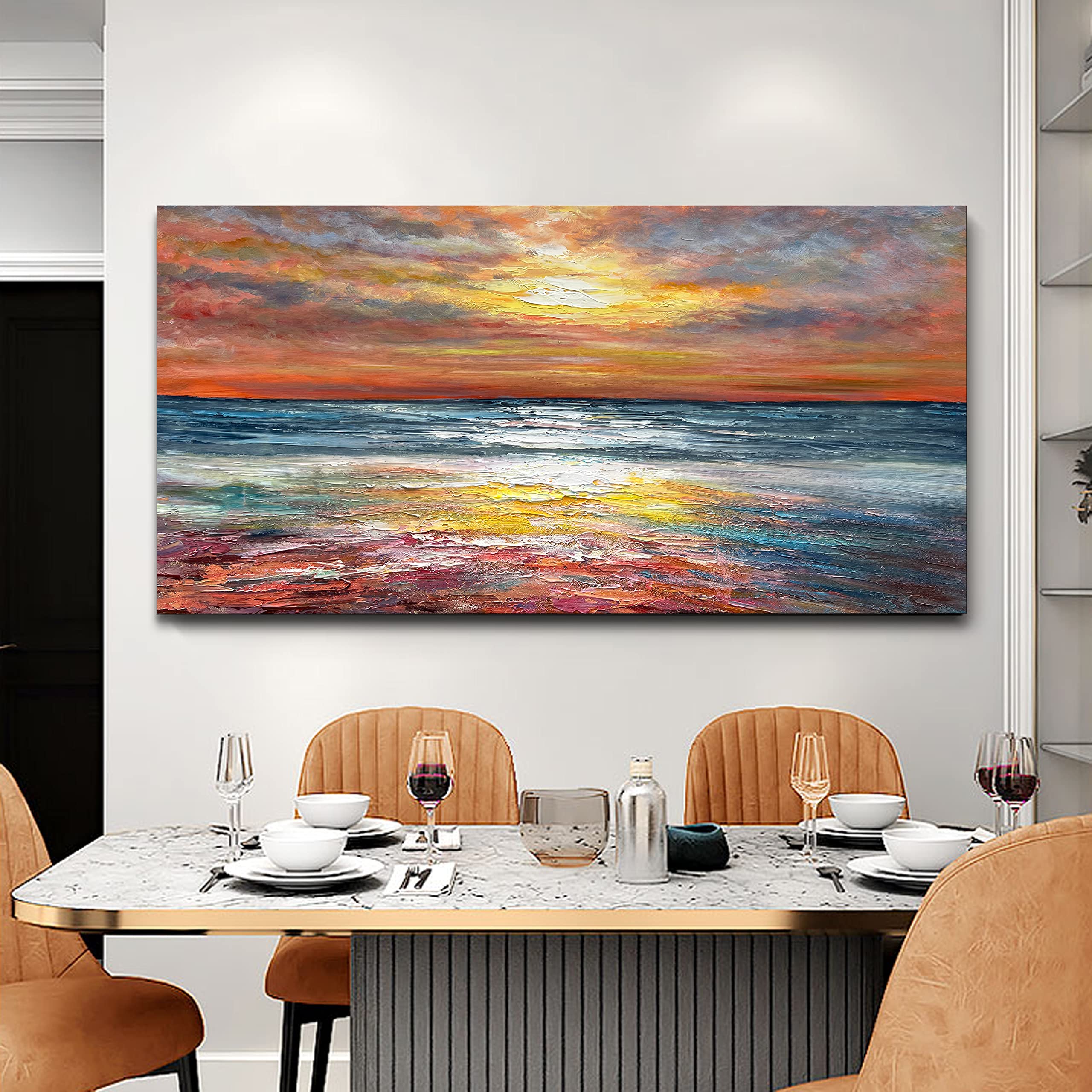 Limiyer Art Sea Sunrise Landscape Modern Abstract Oil painting Canvas Oil Painting wall art decoration 24x48 inch