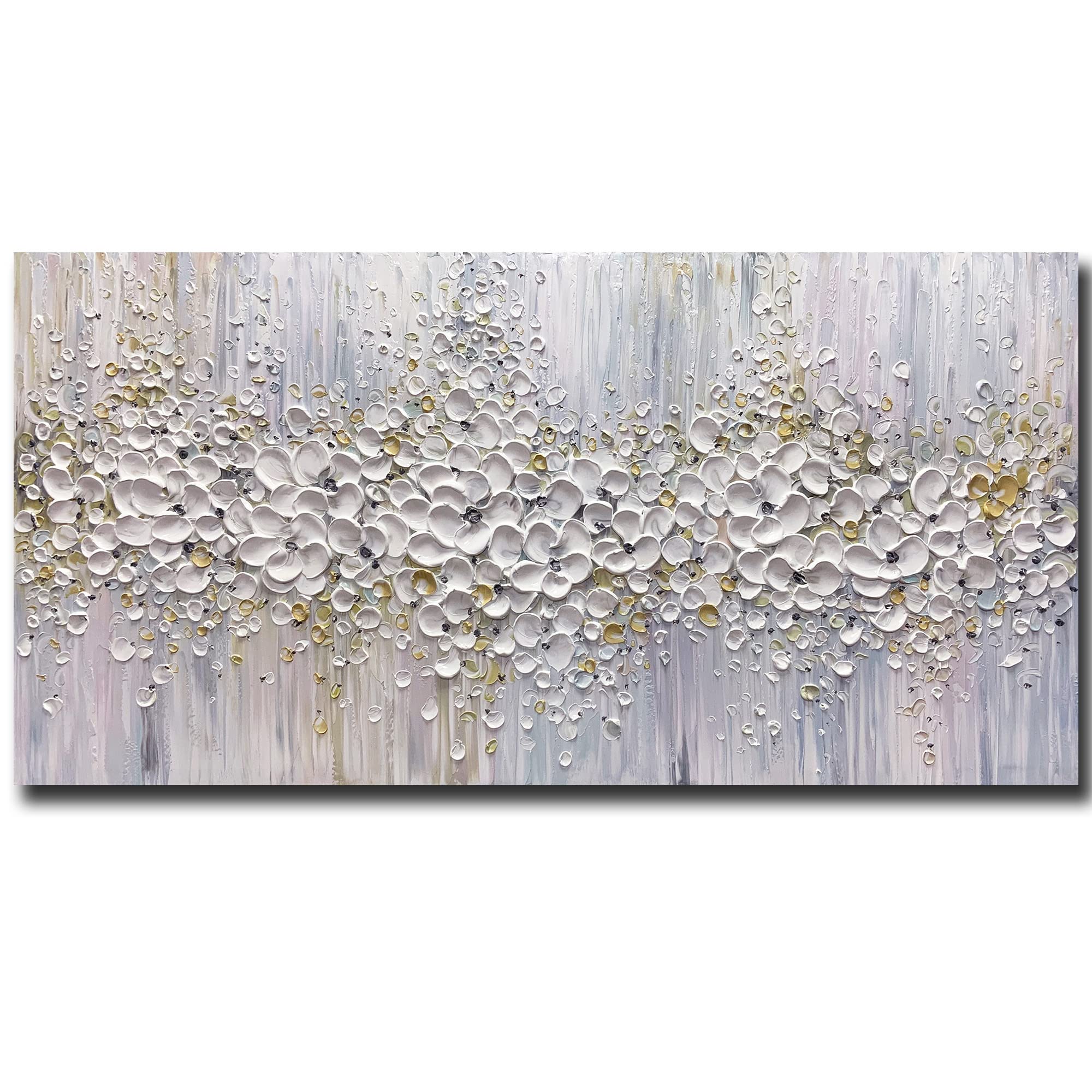 ART8YUQI Paintings - Contemporary Abstract Art Oil Painting On Canvas Texture 3D White Flower painting Handmade Artwork Picture Canvas Wall Art Modern Home Decor living room Ready to Hang 24x48inch