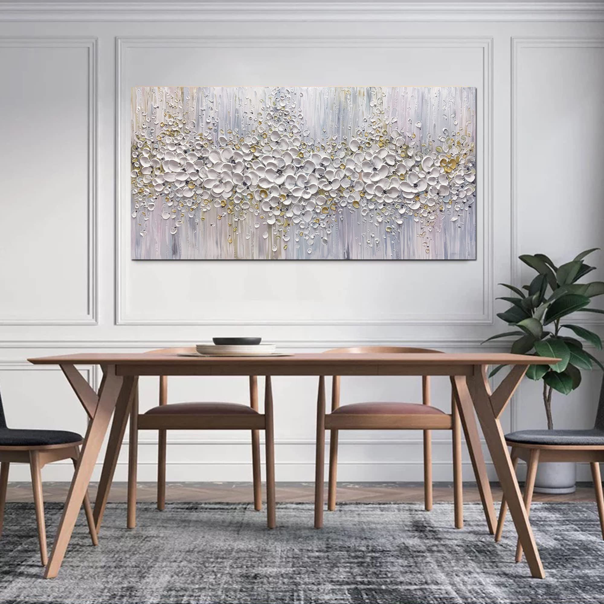 ART8YUQI Paintings - Contemporary Abstract Art Oil Painting On Canvas Texture 3D White Flower painting Handmade Artwork Picture Canvas Wall Art Modern Home Decor living room Ready to Hang 24x48inch