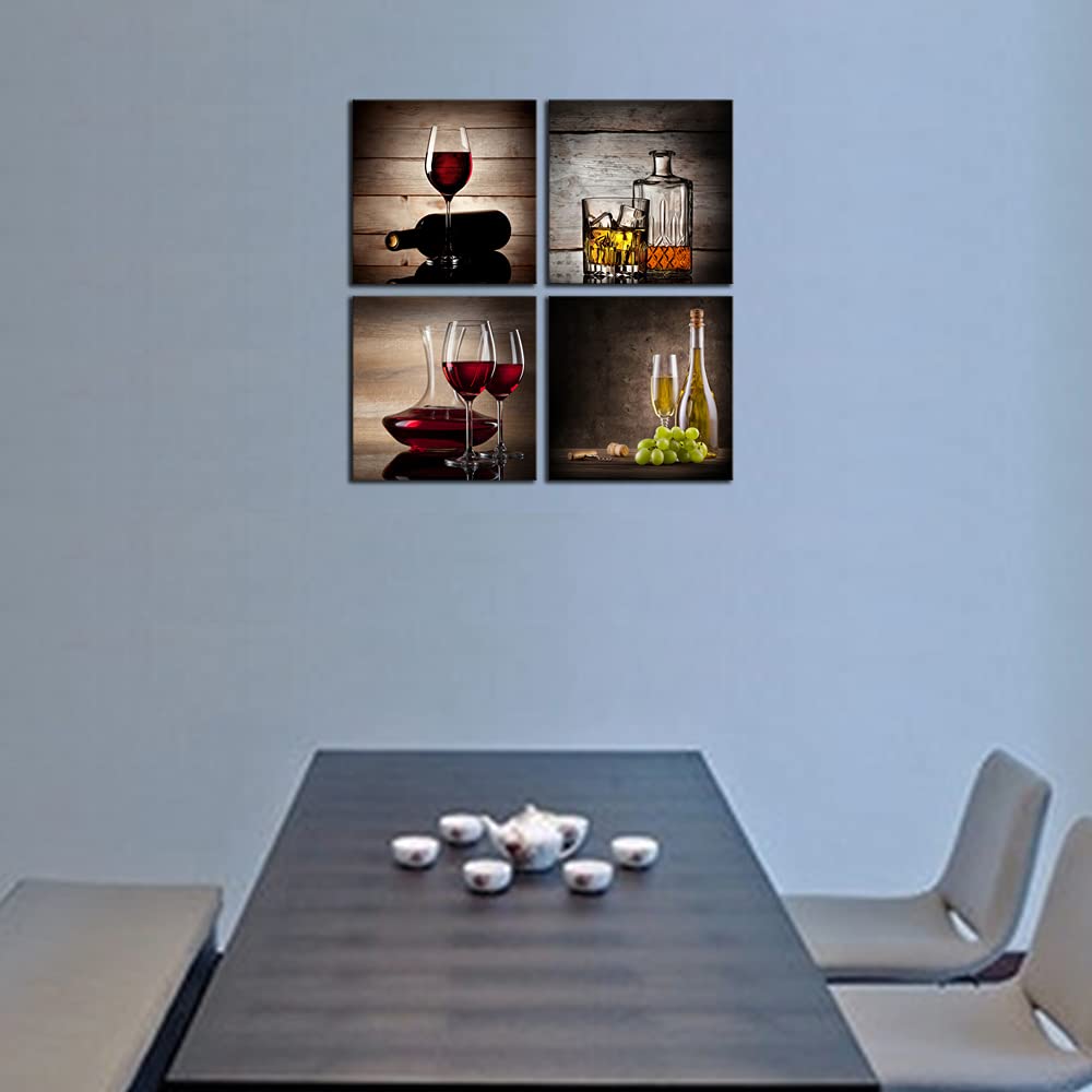 Wieco Art Red Wine Cups Modern Kitchen Wall Art Dinning Room Wall Decor 4 Panels Abstract Canvas Prints Artwork Contemporary Vintage Pictures Paintings on Canvas Wall Art for Kitchen Home