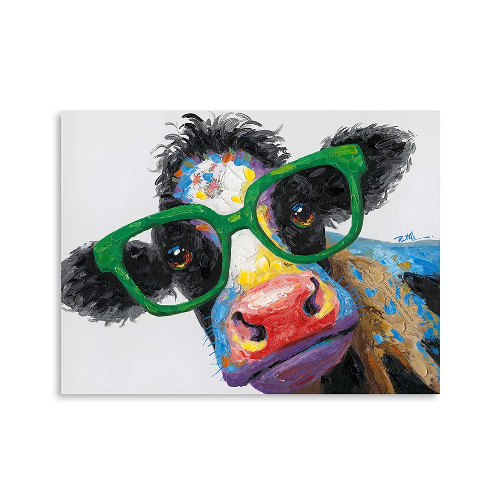 Cow Print Bathroom Farmhouse Decor: Colorful Curious Cow with Large Green Glasses Canvas Wall Art Farm Animal Painting Kids Room Decor Picture Framed for Bedroom Kitchen Ready to Hang 16"x12"