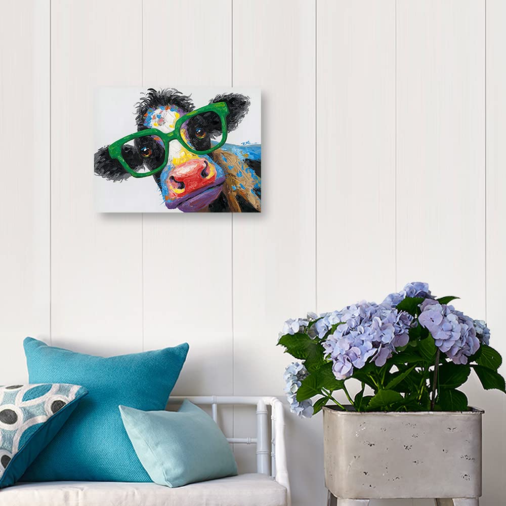 Cow Print Bathroom Farmhouse Decor: Colorful Curious Cow with Large Green Glasses Canvas Wall Art Farm Animal Painting Kids Room Decor Picture Framed for Bedroom Kitchen Ready to Hang 16"x12"