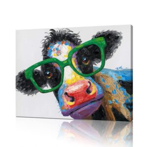 Cow Print Bathroom Farmhouse Decor: Colorful Curious Cow with Large Green Glasses Canvas Wall Art Farm Animal Painting Kids Room Decor Picture Framed for Bedroom Kitchen Ready to Hang 16"x12"