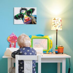 Cow Print Bathroom Farmhouse Decor: Colorful Curious Cow with Large Green Glasses Canvas Wall Art Farm Animal Painting Kids Room Decor Picture Framed for Bedroom Kitchen Ready to Hang 16"x12"