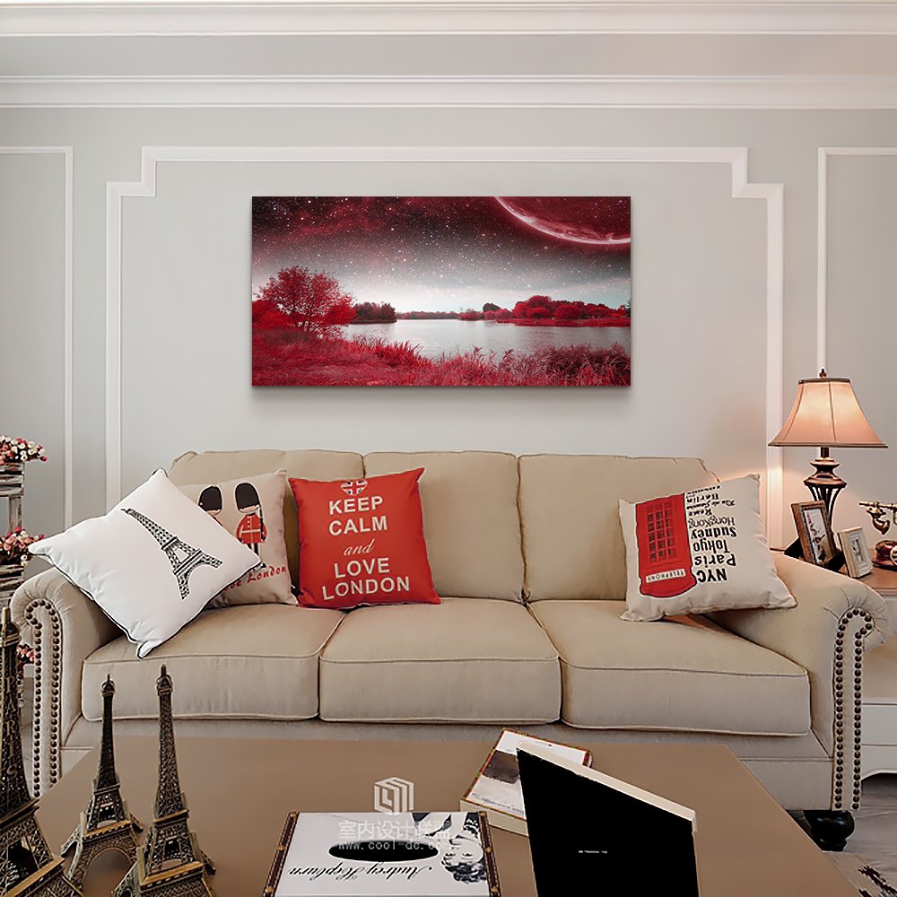 wall art for living room Red Lakes and trees under the starry sky red landscape painting office Wall Art Decor 20" x 40" single Pieces Canvas Prints Ready to Hang for Home Decoration Works For bedroom